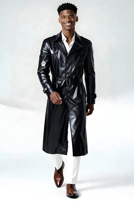 Black Leather Notched Lapel Men's Trench Coat with Belt made by Zapaka