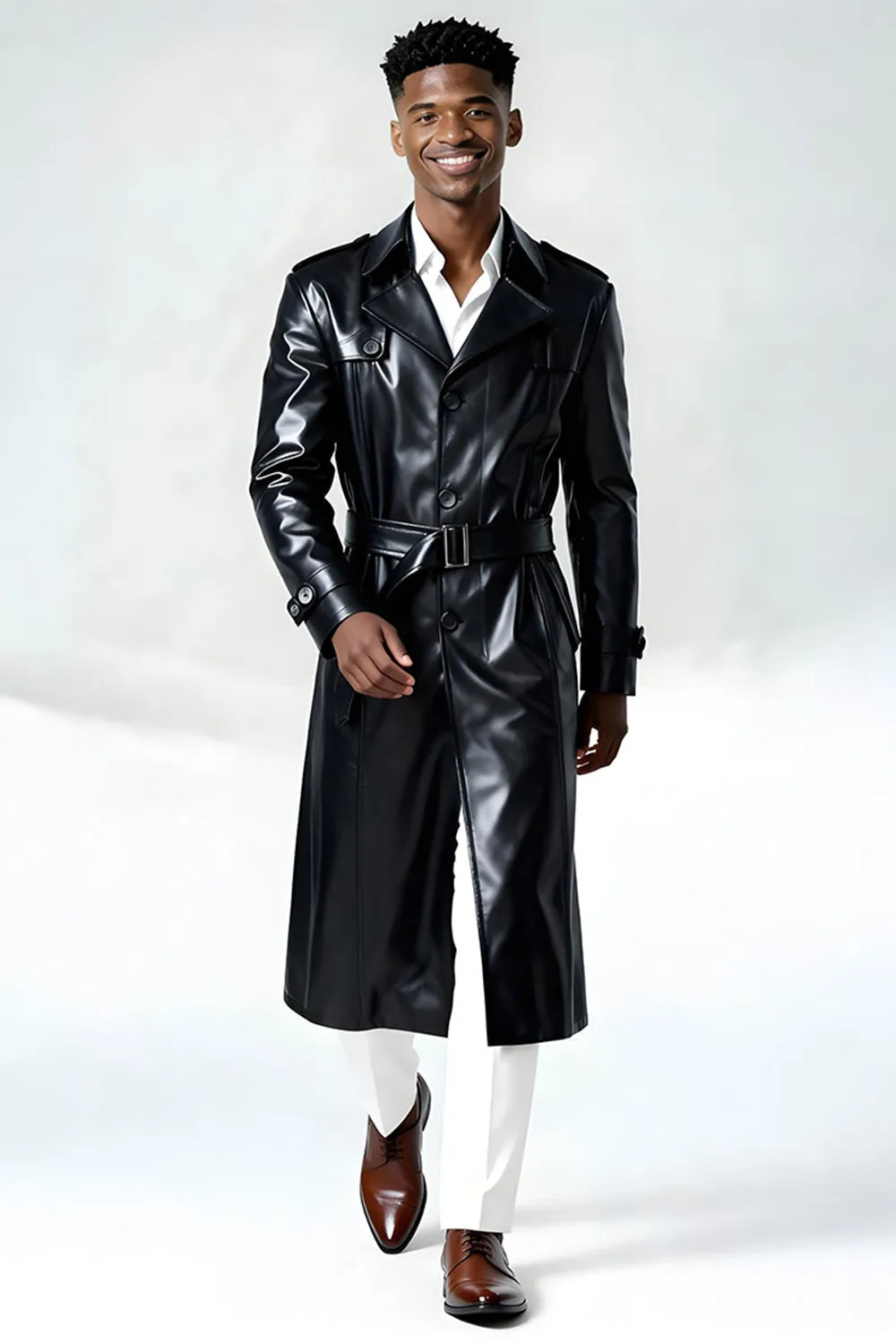 Black Leather Notched Lapel Men's Trench Coat with Belt sold by Zapaka