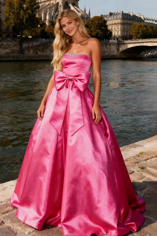 Strapless Bright Pink Ball Gown Prom Dress With Bow sold by Zapaka