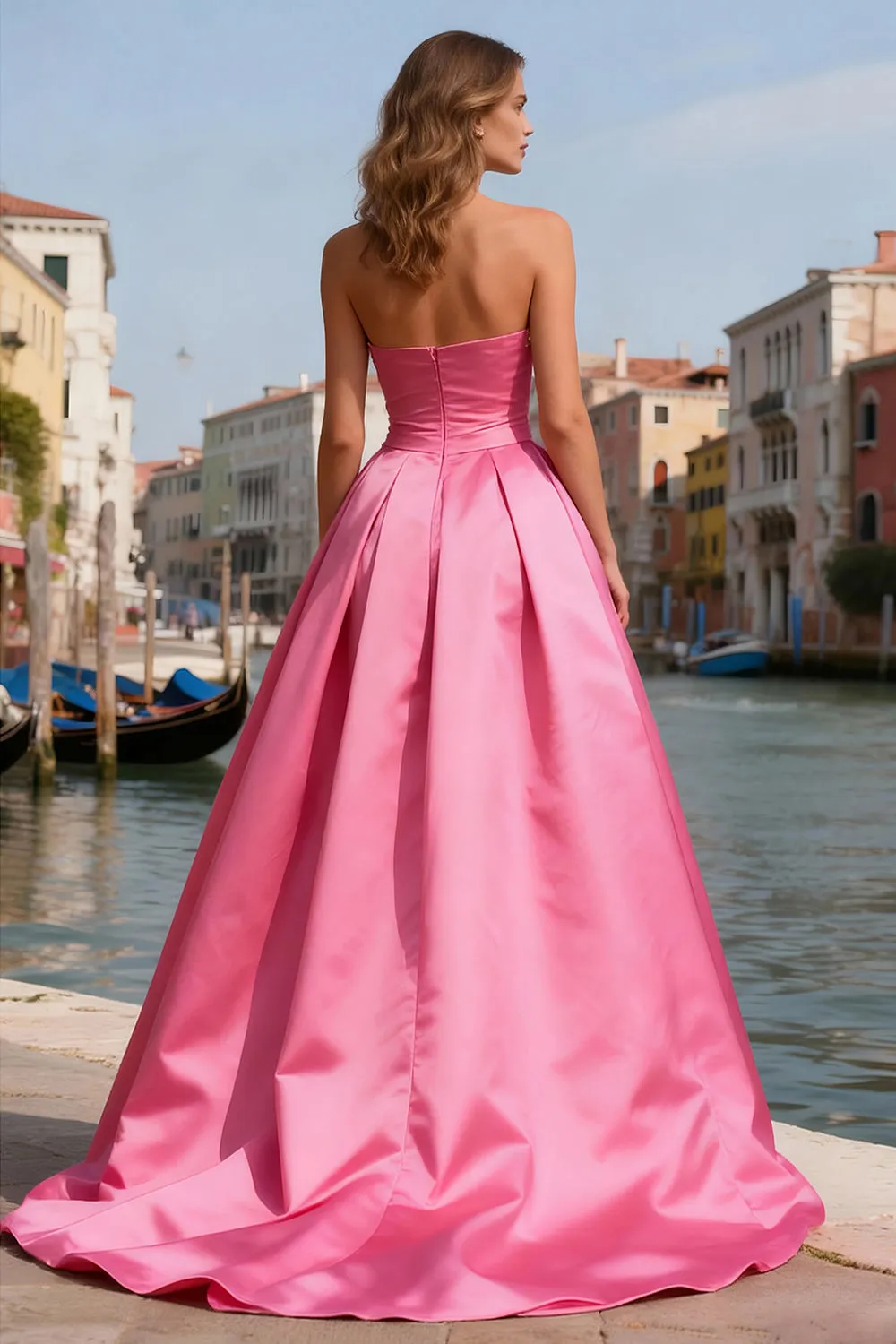 Strapless Bright Pink A Line Prom Dress With Pearls sold by Zapaka product image thumbnail 2