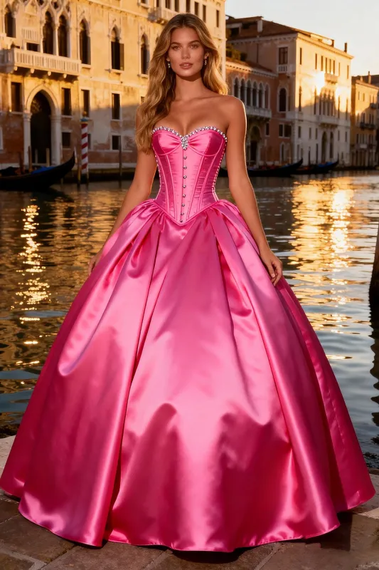 Strapless Corset Bright Pink Ball Gown Prom Dress sold by Zapaka