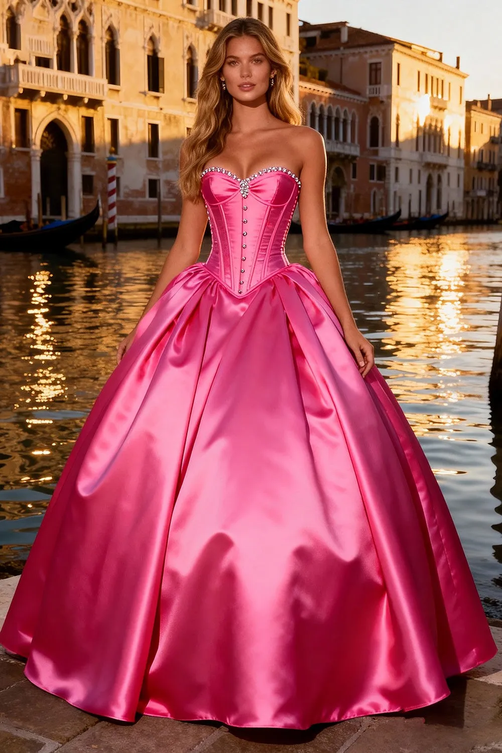 Strapless Corset Bright Pink Ball Gown Prom Dress sold by Zapaka
