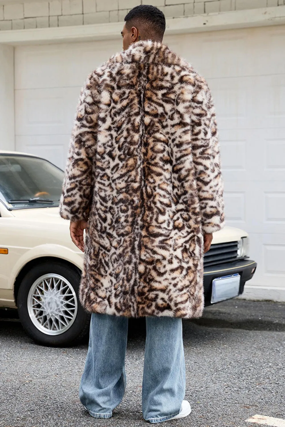 Brown Leopard Faux Fur Open Front Long Men's Coat sold by Zapaka product image thumbnail 4