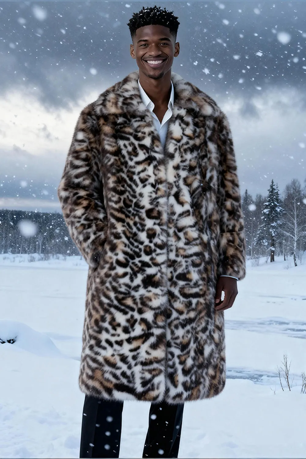 Brown Leopard Faux Fur Open Front Long Men's Coat sold by Zapaka