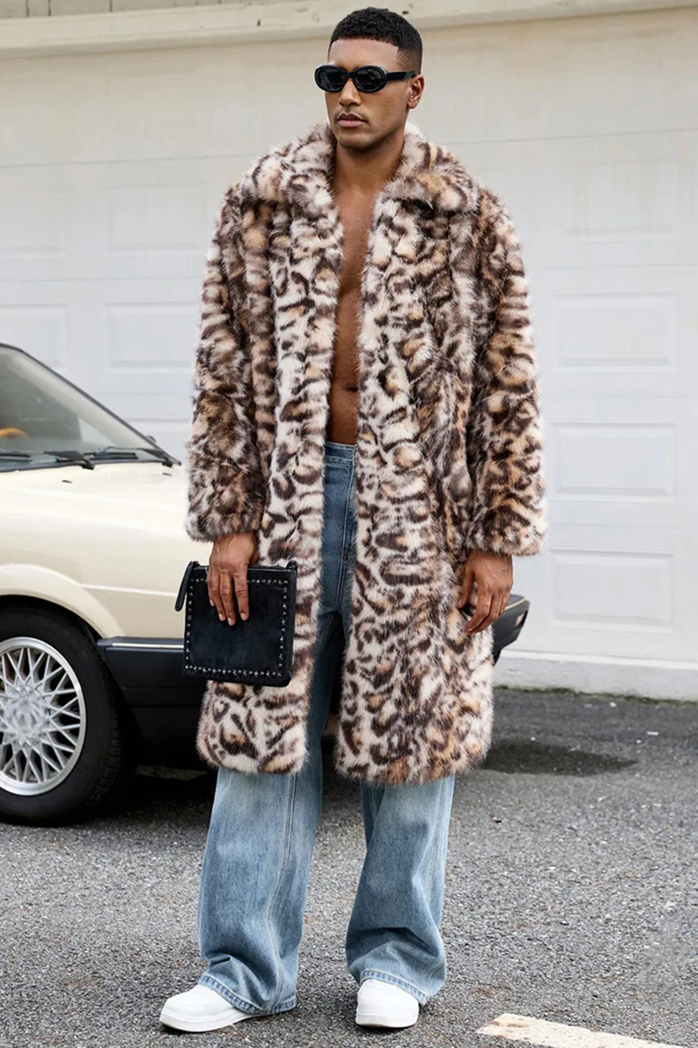 Brown Leopard Faux Fur Open Front Long Men's Coat sold by Zapaka product image thumbnail 5