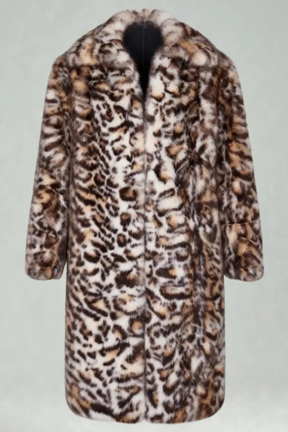 Brown Leopard Faux Fur Open Front Long Men's Coat sold by Zapaka product image thumbnail 2
