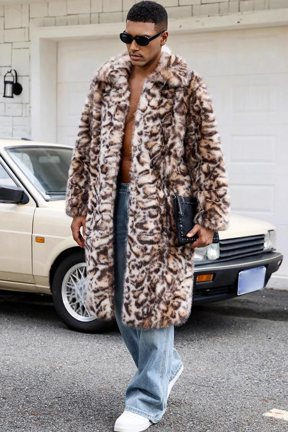 Brown Leopard Faux Fur Open Front Long Men's Coat sold by Zapaka product image thumbnail 3