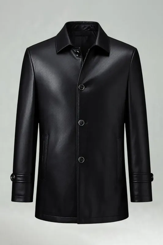 Black Lapel Leather Single Breasted Men's Trench Coat made by Zapaka