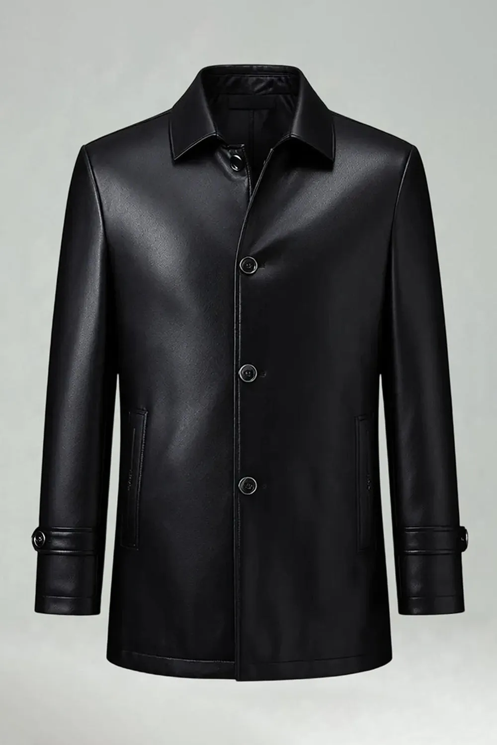 Black Lapel Leather Single Breasted Men's Trench Coat sold by Zapaka