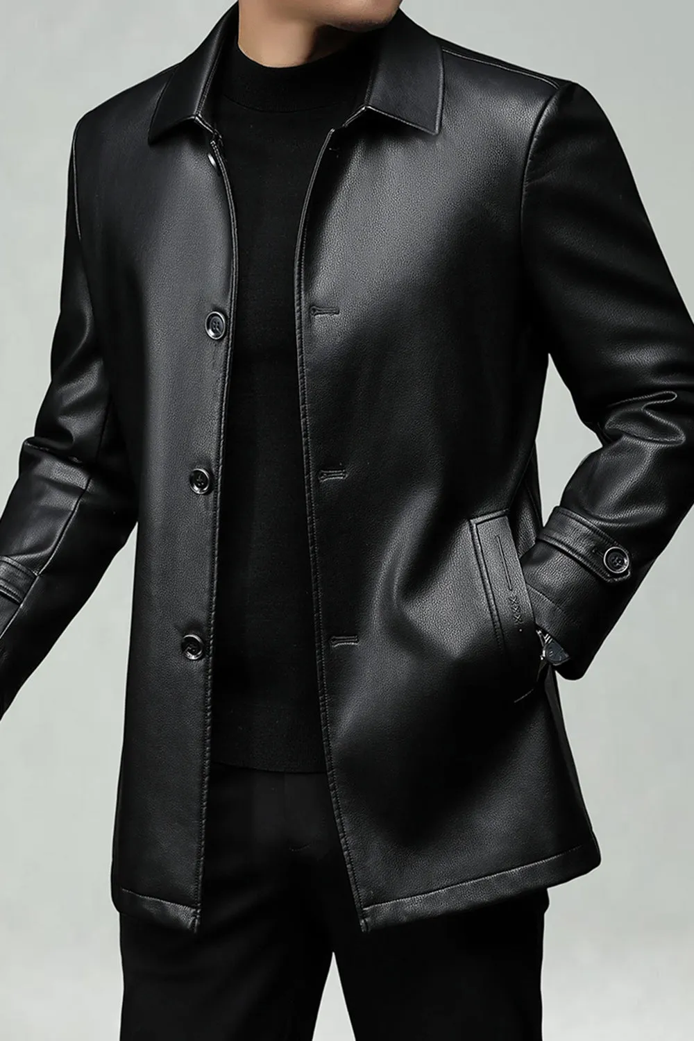 Black Lapel Leather Single Breasted Men's Trench Coat sold by Zapaka product image thumbnail 5