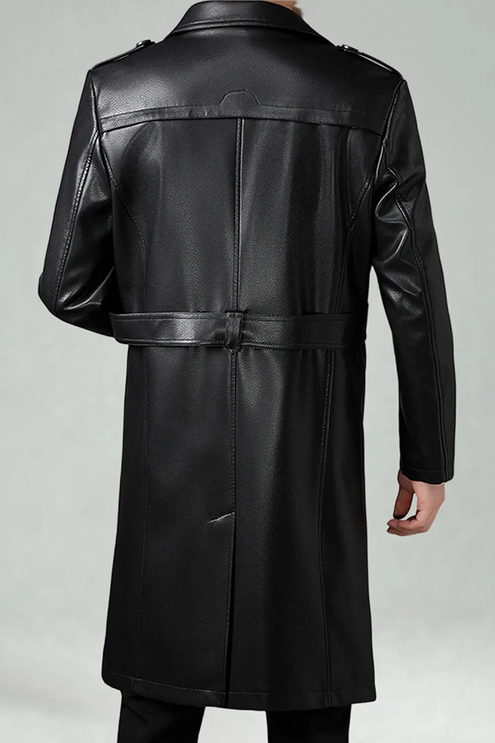 Black Notched Lapel Leather Double Breasted Men's Long Trench Coat sold by Zapaka product image thumbnail 4