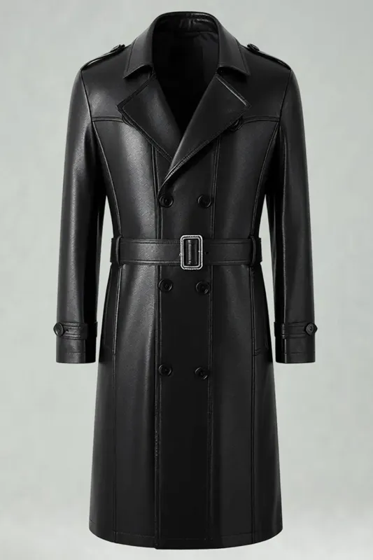 Black Notched Lapel Leather Double Breasted Men's Long Trench Coat made by Zapaka