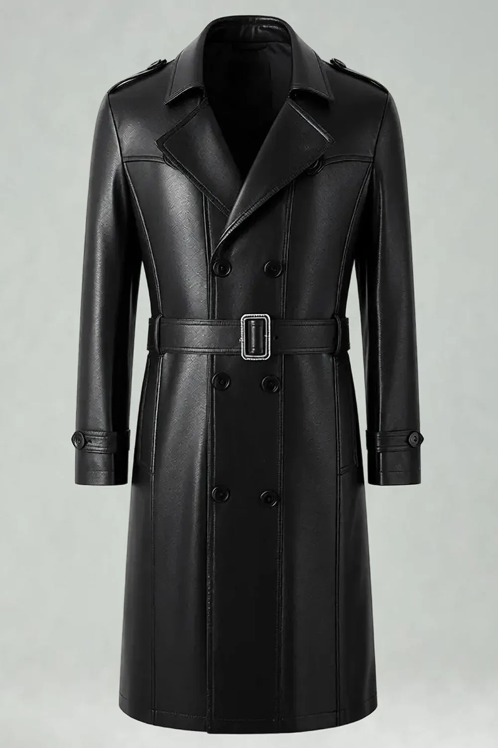 Black Notched Lapel Leather Double Breasted Men's Long Trench Coat sold by Zapaka