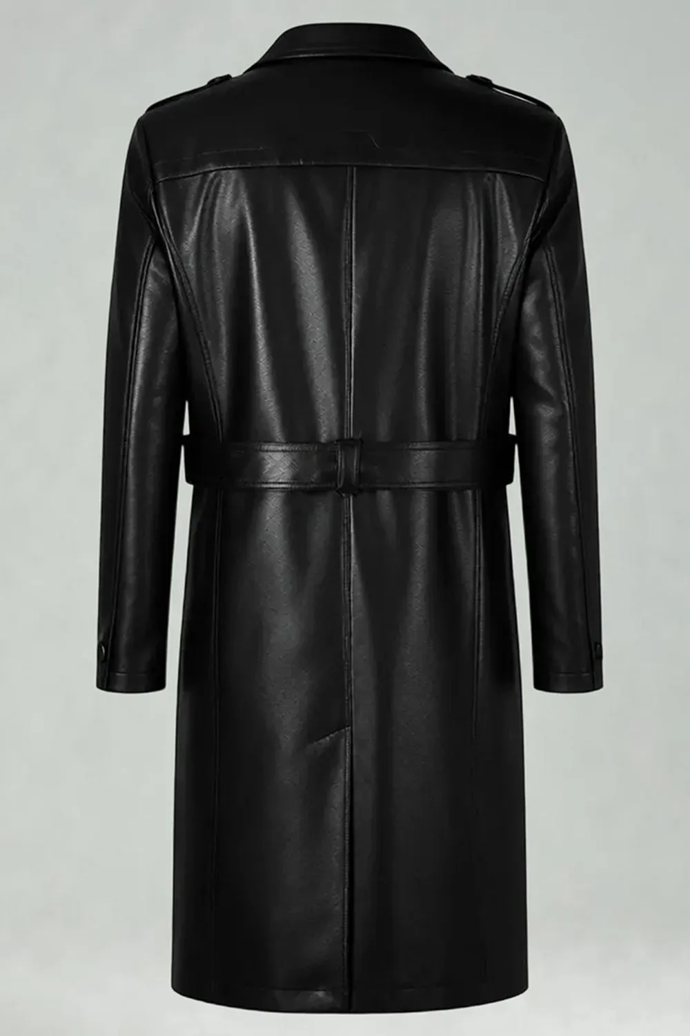 Black Notched Lapel Leather Double Breasted Men's Long Trench Coat sold by Zapaka product image thumbnail 2