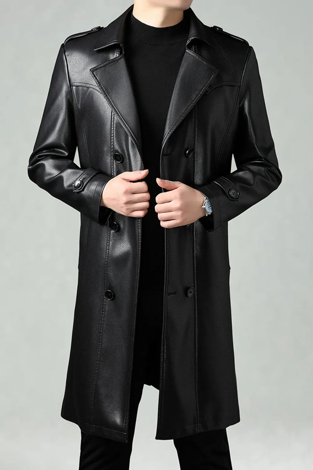 Black Notched Lapel Leather Double Breasted Men's Long Trench Coat sold by Zapaka product image thumbnail 3