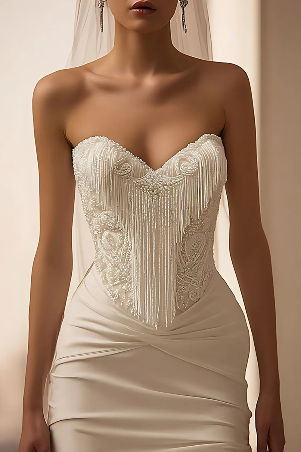 Ivory Satin Sweetheart Bodycon Short Wedding Dress with Fringes sold by Zapaka product image thumbnail 2