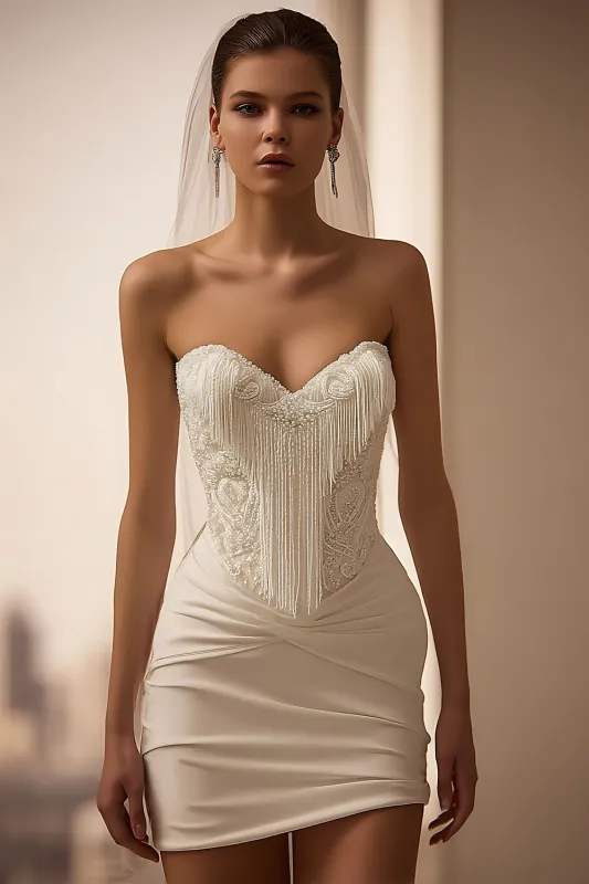 Ivory Satin Sweetheart Bodycon Short Wedding Dress with Fringes made by Zapaka