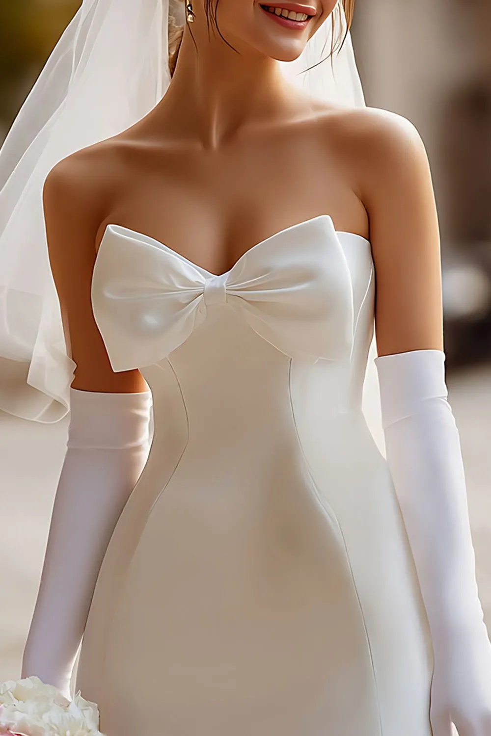 White Sweetheart Bodycon Satin Short Wedding Dress with Bow (without Gloves)) sold by Zapaka product image thumbnail 3