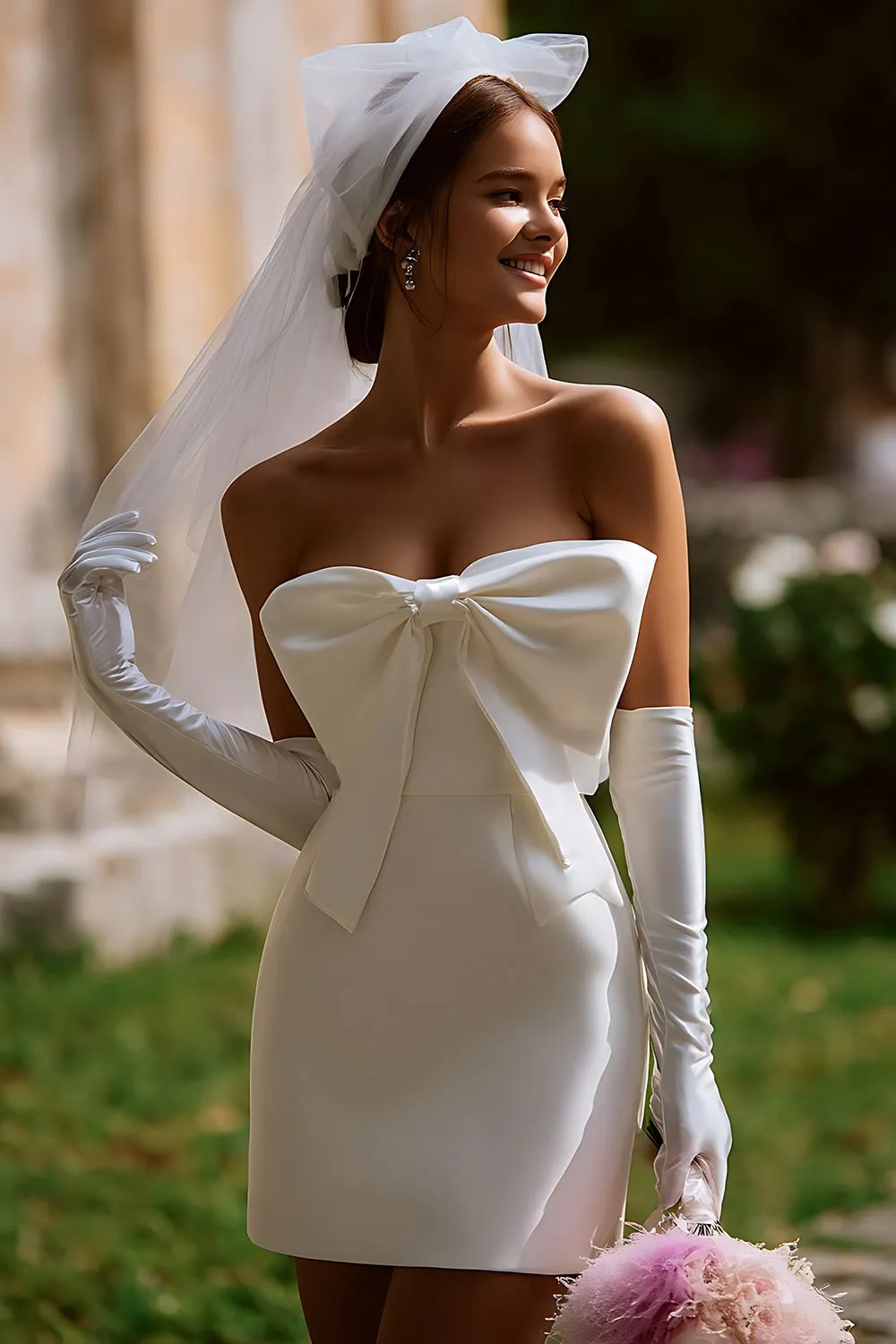 Strapless White Bodycon Short Wedding Dress with Bow(without Gloves) sold by Zapaka