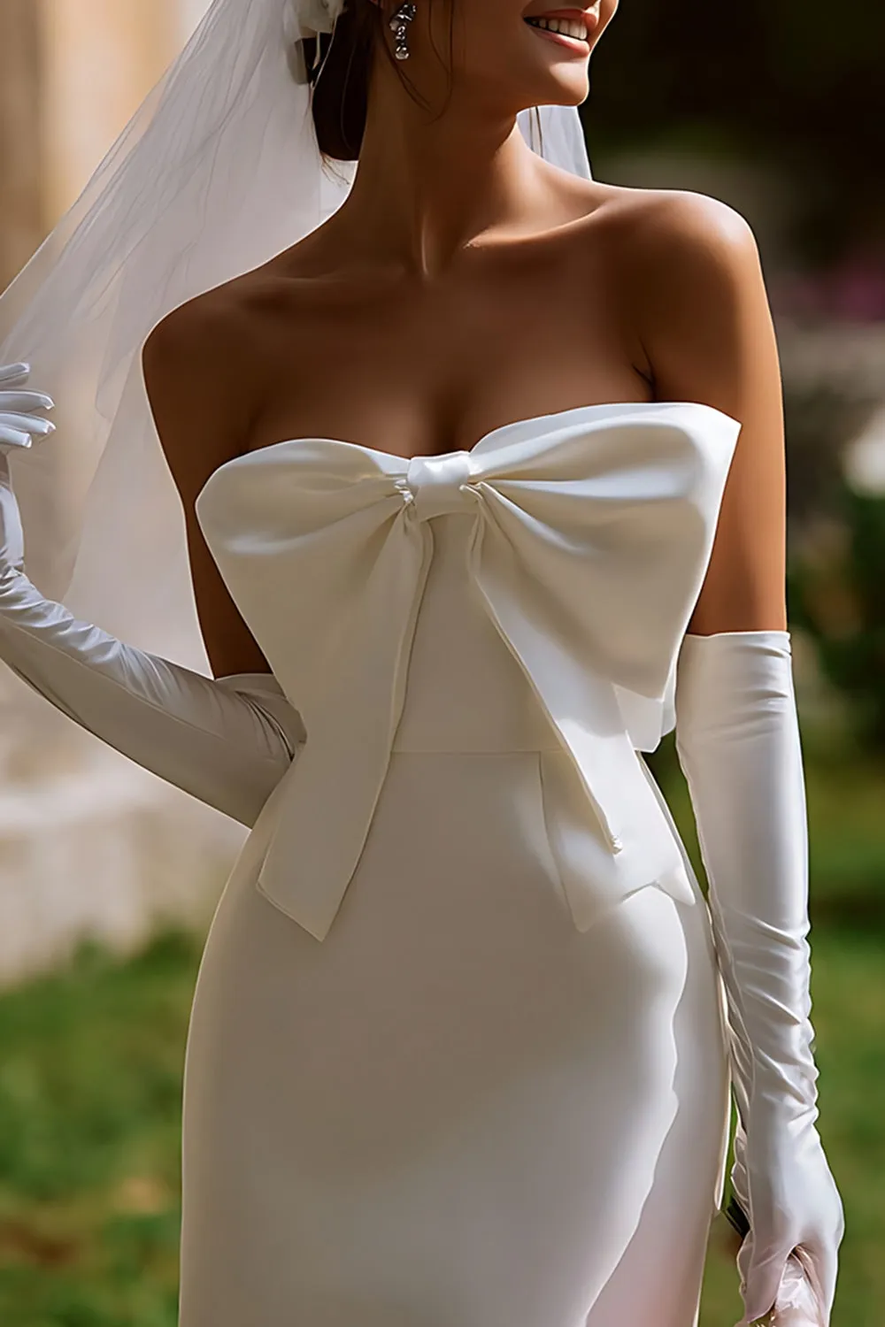 Strapless White Bodycon Short Wedding Dress with Bow(without Gloves) sold by Zapaka product image thumbnail 3