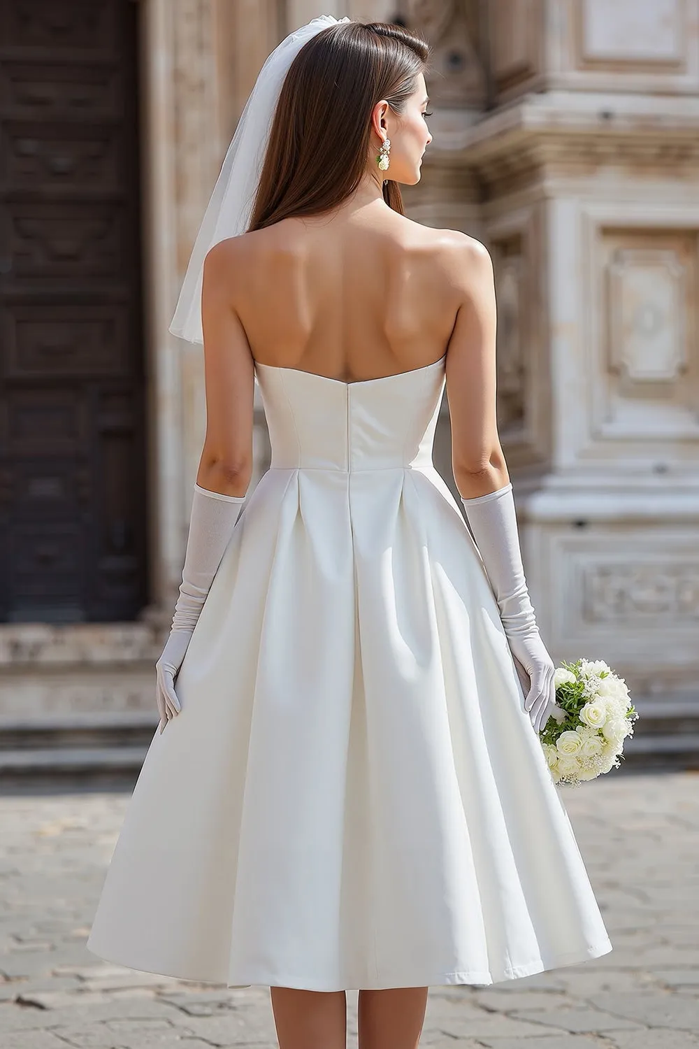 White Strapless A Line Midi Wedding Dress with Bow (without Gloves) sold by Zapaka product image thumbnail 2