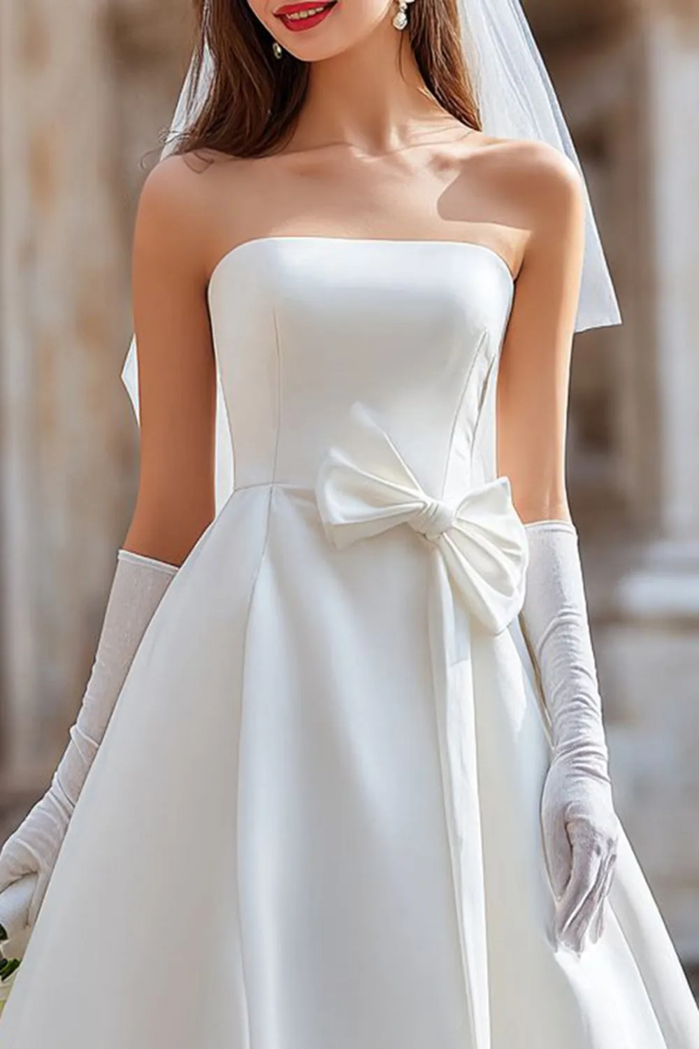White Strapless A Line Midi Wedding Dress with Bow (without Gloves) sold by Zapaka product image thumbnail 3