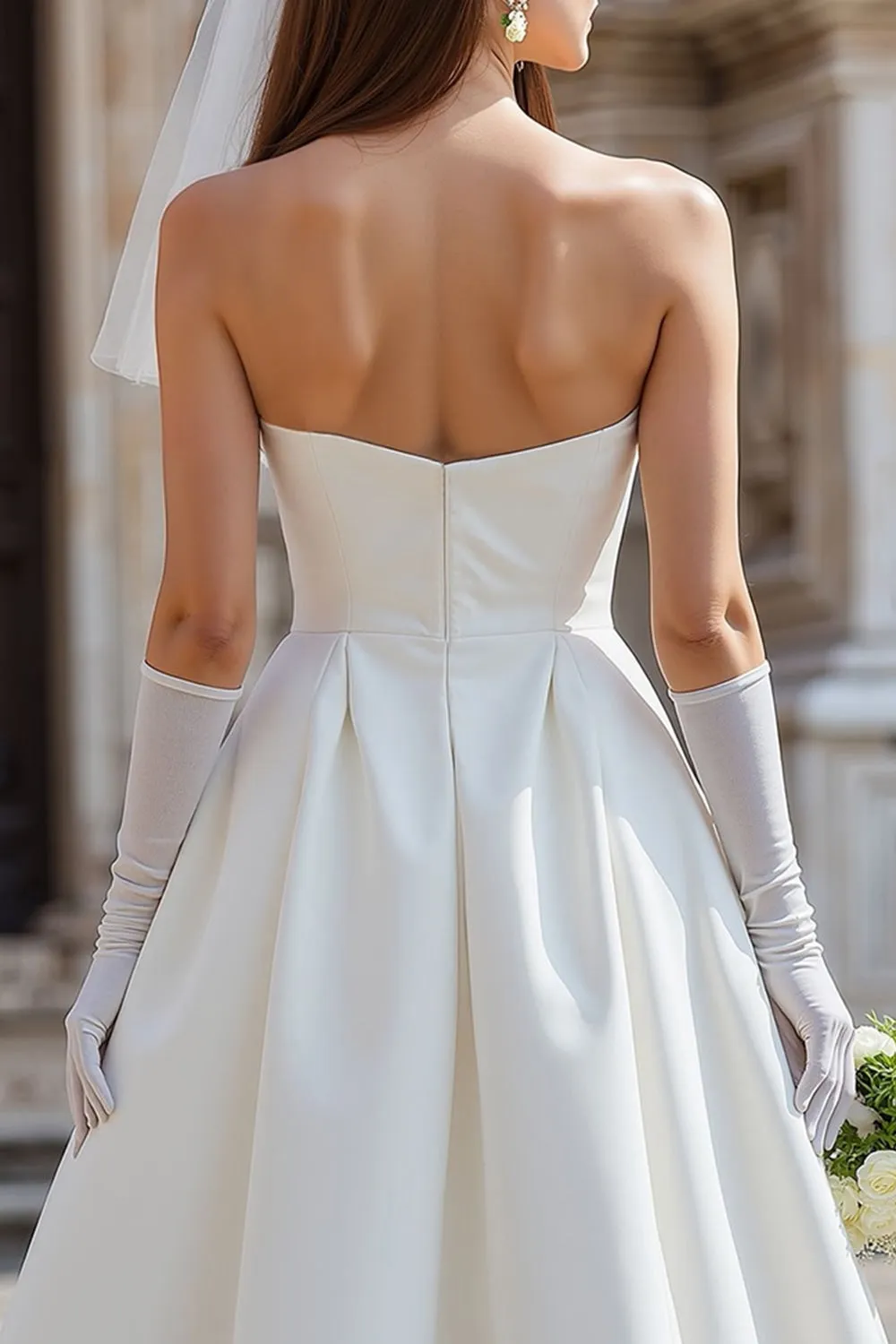 White Strapless A Line Midi Wedding Dress with Bow (without Gloves) sold by Zapaka product image thumbnail 4