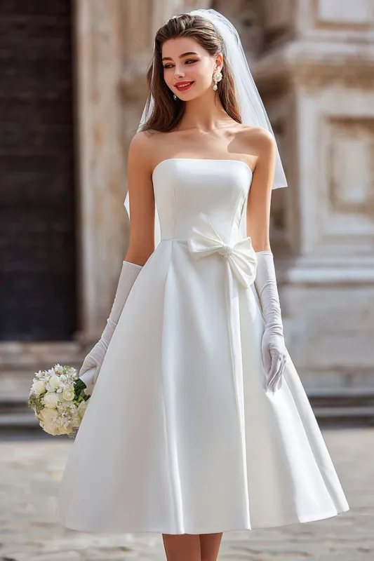 White Strapless A Line Midi Wedding Dress with Bow (without Gloves) sold by Zapaka