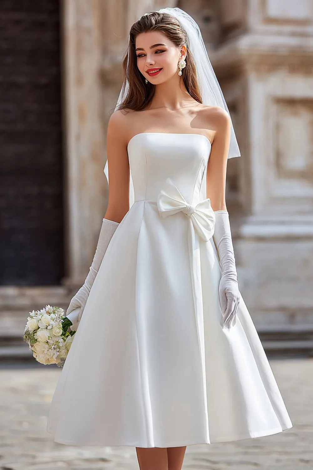 White Strapless A Line Midi Wedding Dress with Bow (without Gloves) sold by Zapaka