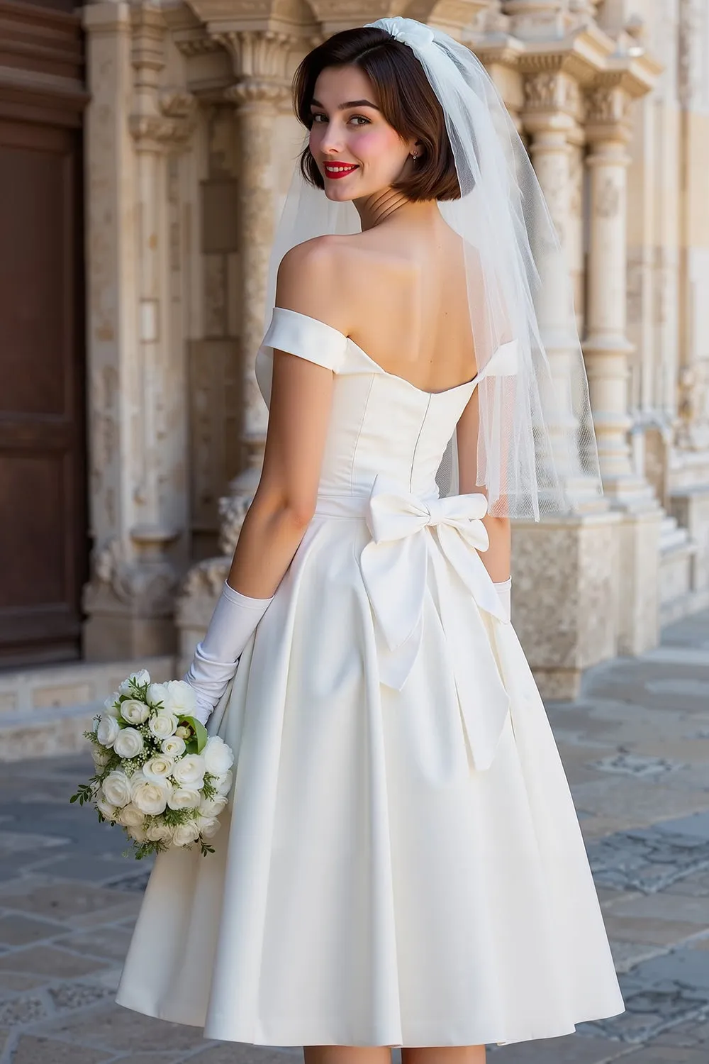 Off the Shoulder White Corset A Line Midi Wedding Dress with Bows sold by Zapaka product image thumbnail 2