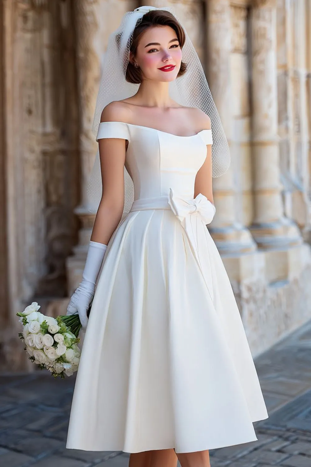 Off the Shoulder White Corset A Line Midi Wedding Dress with Bows sold by Zapaka product image thumbnail 3