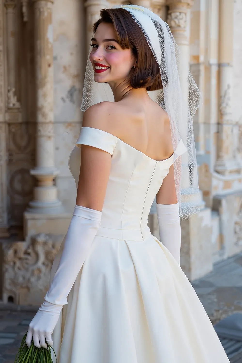 Off the Shoulder White Corset A Line Midi Wedding Dress with Bows sold by Zapaka product image thumbnail 4