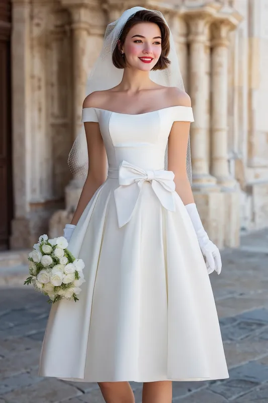 Off the Shoulder White Corset A Line Midi Wedding Dress with Bows sold by Zapaka