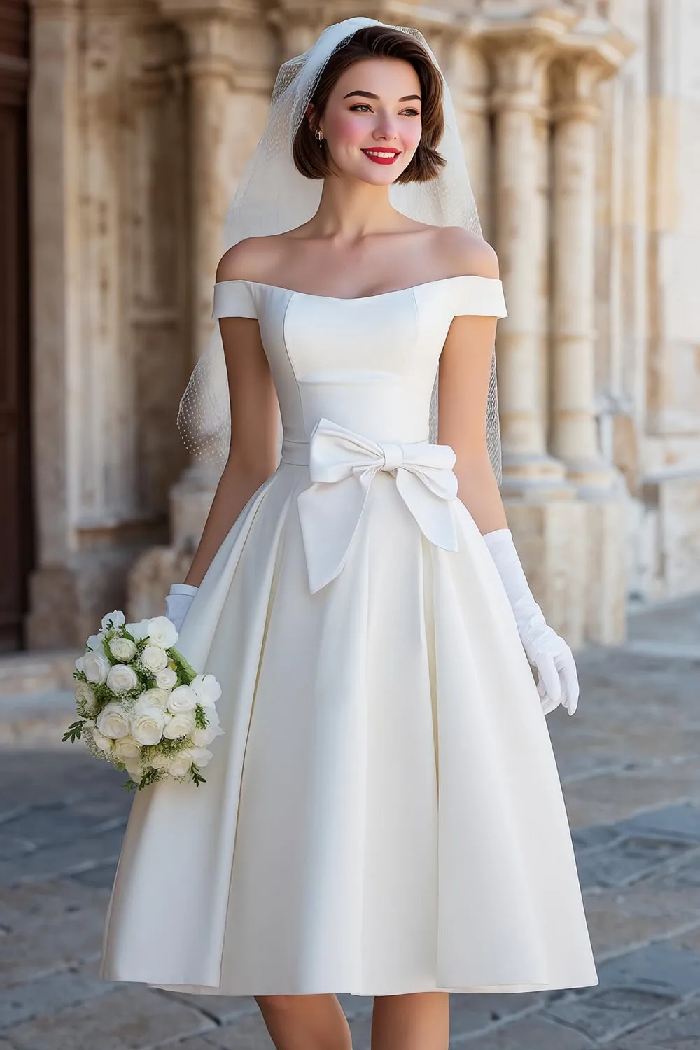 Off the Shoulder White Corset A Line Midi Wedding Dress with Bows sold by Zapaka