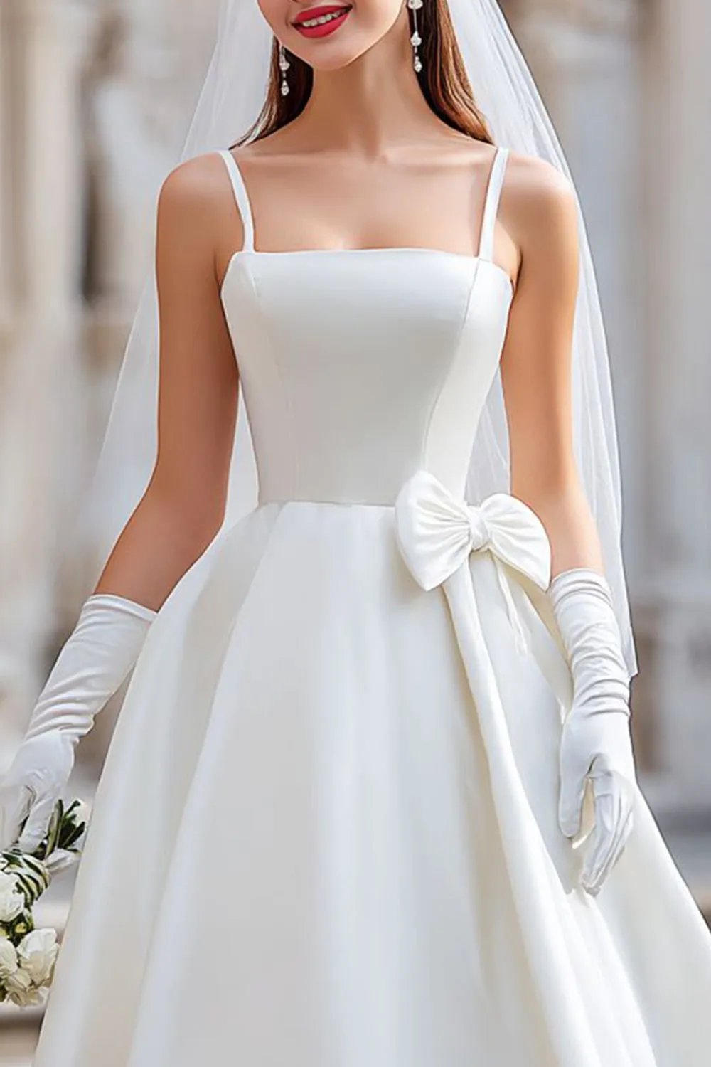 White A Line Spaghetti Straps Midi Wedding Dress with Bow sold by Zapaka product image thumbnail 3