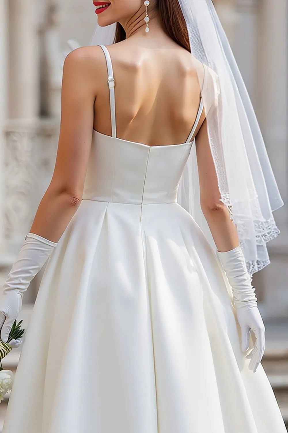 White A Line Spaghetti Straps Midi Wedding Dress with Bow sold by Zapaka product image thumbnail 4