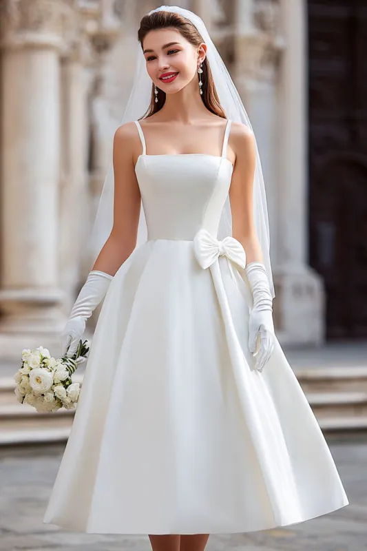 White A Line Spaghetti Straps Midi Wedding Dress with Bow sold by Zapaka