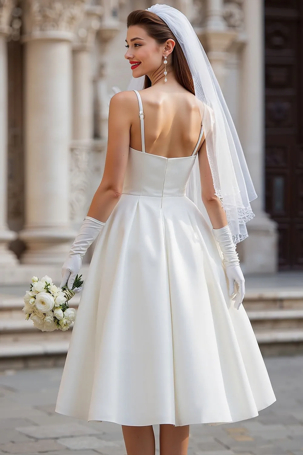 White A Line Spaghetti Straps Midi Wedding Dress with Bow sold by Zapaka product image thumbnail 2
