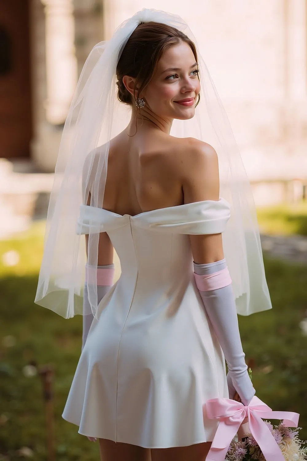 White Off the Shoulder A Line Short Wedding Dress (without Gloves) sold by Zapaka product image thumbnail 2