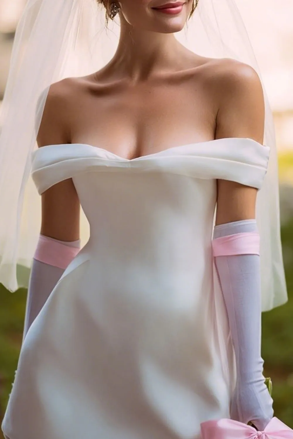 White Off the Shoulder A Line Short Wedding Dress (without Gloves) sold by Zapaka product image thumbnail 3