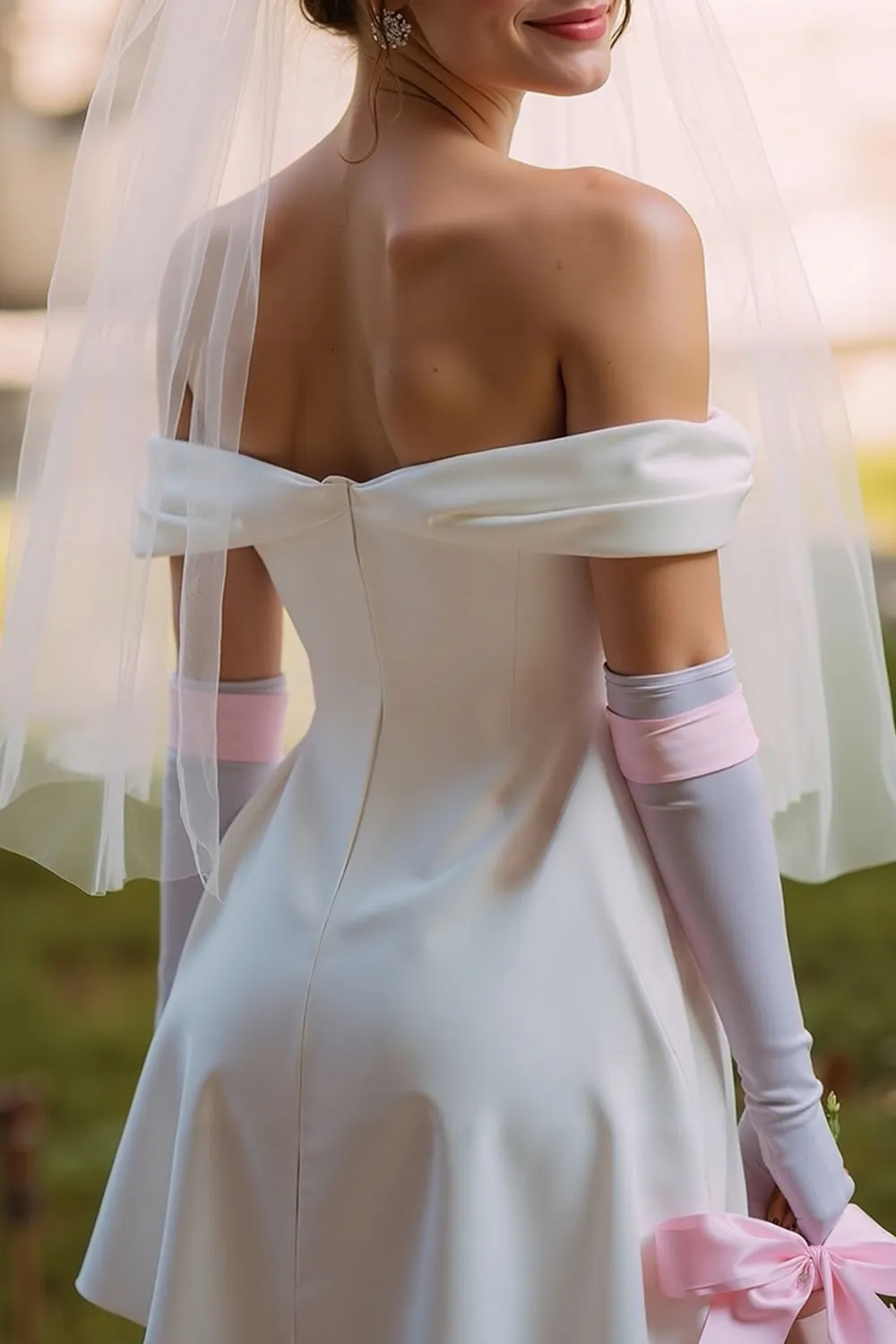 White Off the Shoulder A Line Short Wedding Dress (without Gloves) sold by Zapaka product image thumbnail 4
