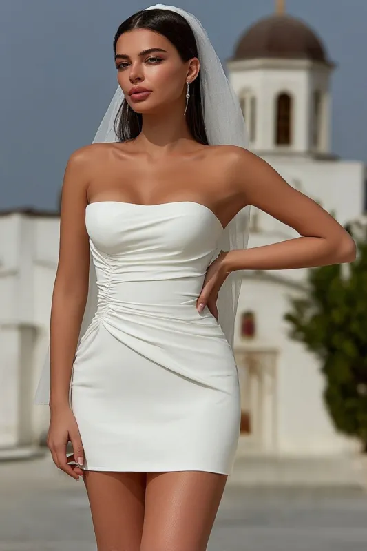 White Bodycon Strapless Ruched Short Wedding Dress sold by Zapaka
