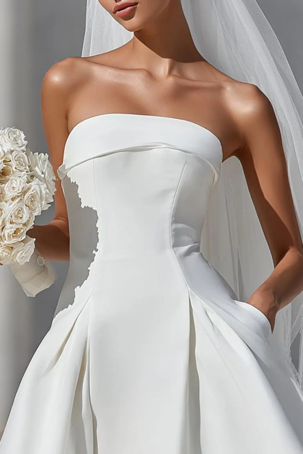 White A Line Strapless Short Wedding Dress with Pockets sold by Zapaka product image thumbnail 4