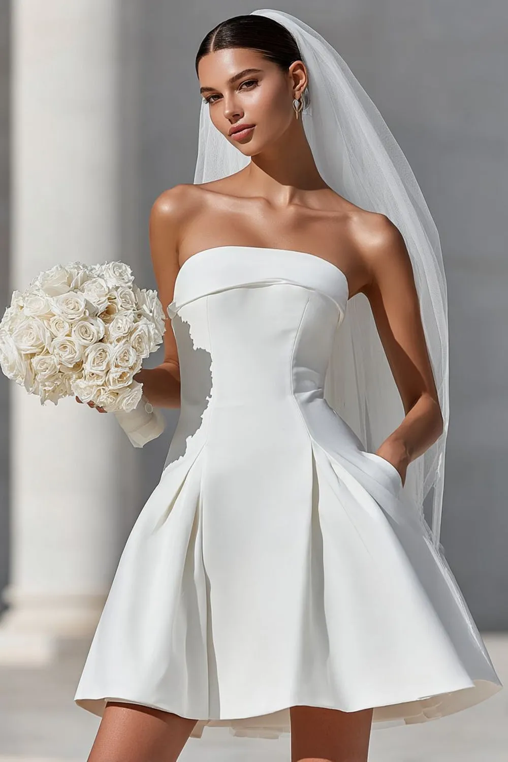 White A Line Strapless Short Wedding Dress with Pockets sold by Zapaka