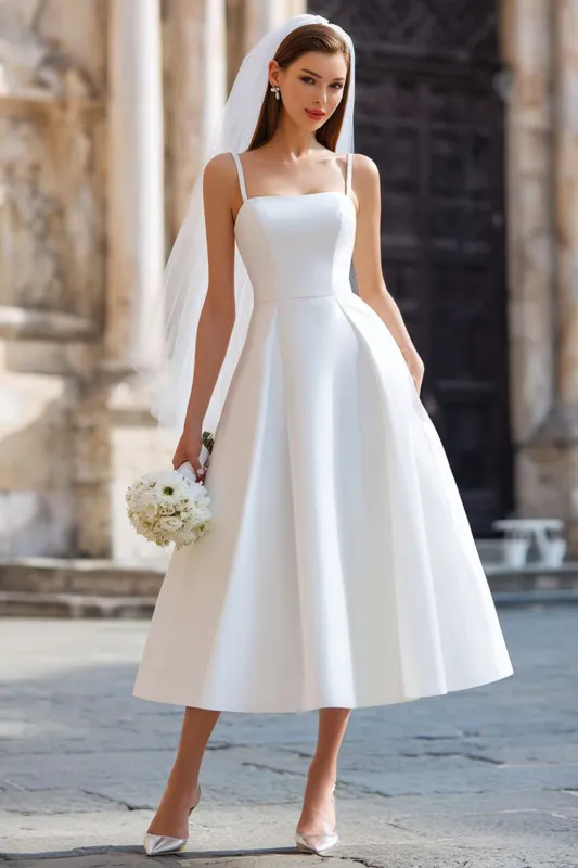White A Line Spaghetti Straps Long Wedding Dress with Detachable Bow sold by Zapaka