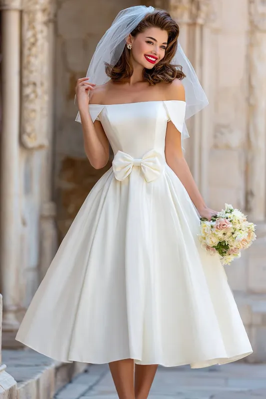 A Line Ivory Off the Shoulder Midi Wedding Dress with Bow sold by Zapaka