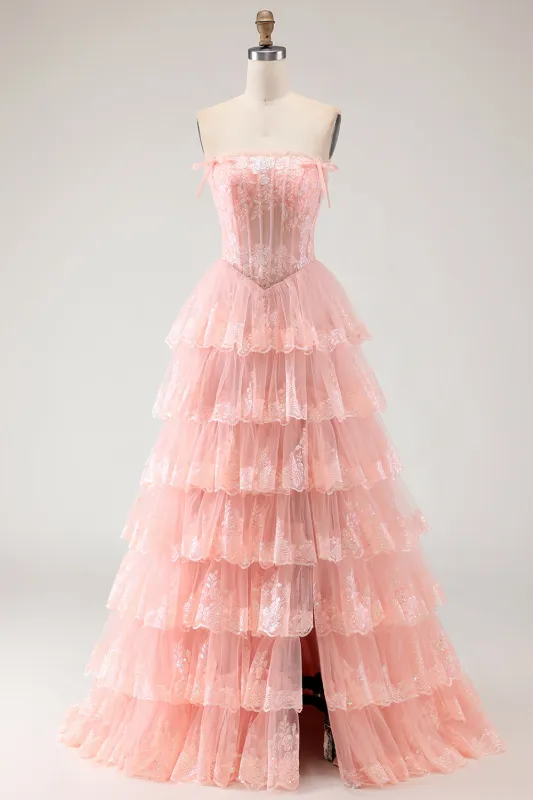 Blush Strapless Tiered Ruffle A Line Sequins Corset Long Prom Dress with Slit sold by Zapaka