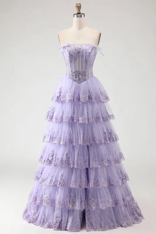 Lilac Strapless A Line Sequins Corset Tiered Ruffle Long Prom Dress with Slit sold by Zapaka