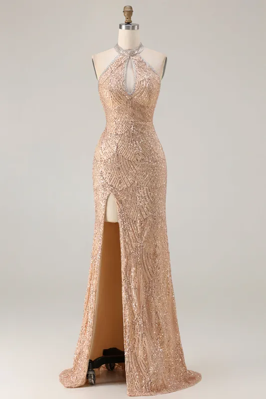 Champagne Mermaid Halter Sequins Beaded Keyhole Long Prom Dress with Slit sold by Zapaka