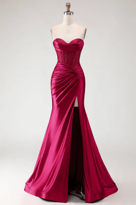 Burgundy Mermaid Sweetheart Beaded Corset Ruched Long Prom Dress with Slit sold by Zapaka